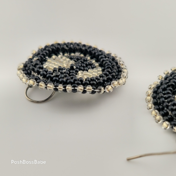 Handmade Black & Silver Beaded Earrings – 1.25" Diameter - Picture 11 of 15